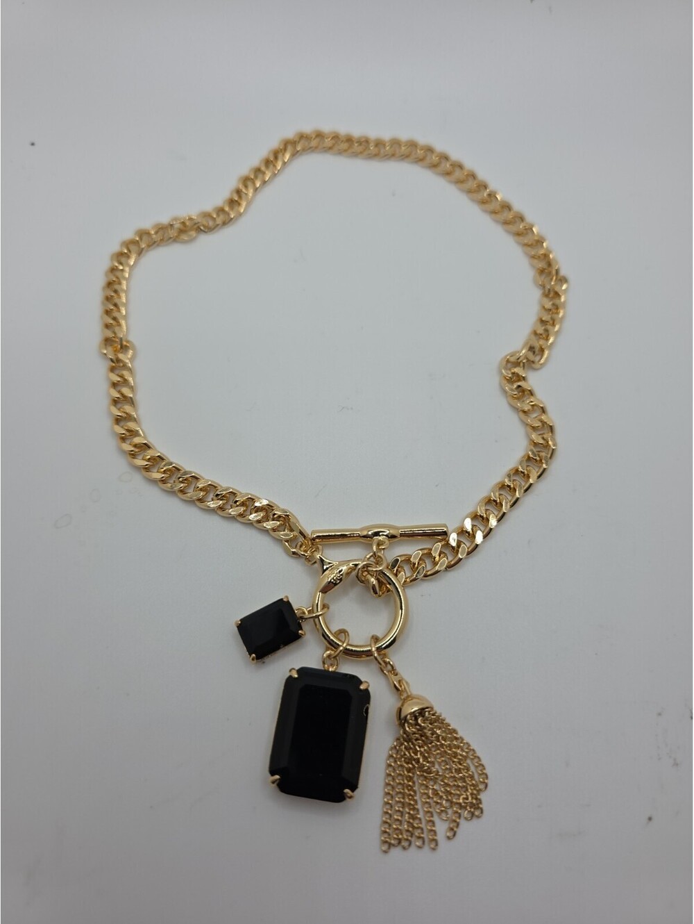 Lauren Ralph Lauren Gold Stone Chain Tassel Charm 16" Pendant Necklace Black